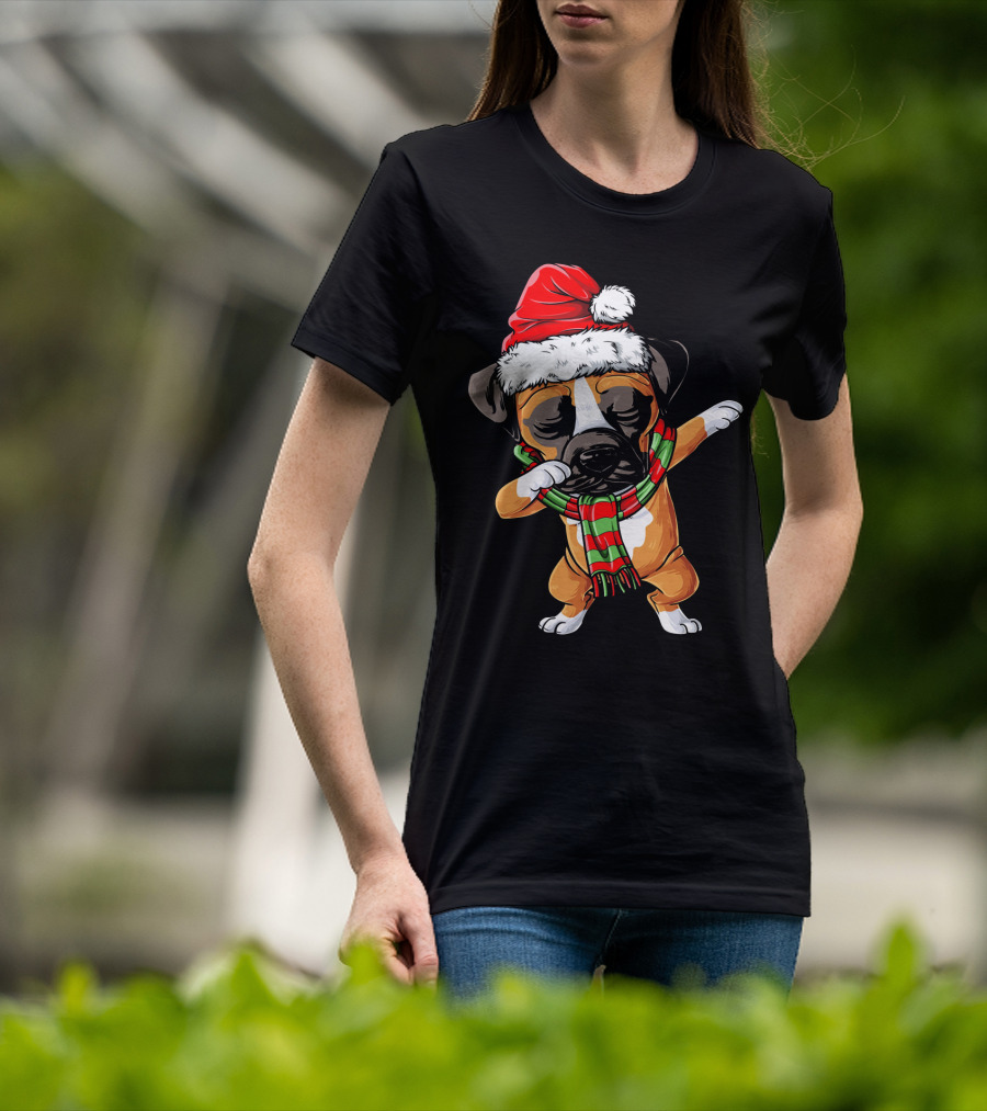 Boxer Dog Dabbing Santa Hat Christmas Scarf T-Shirt