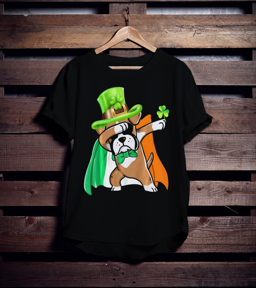 Lucky Boxer Dabbing With Irish Flag And Shamrock Hat T-Shirt