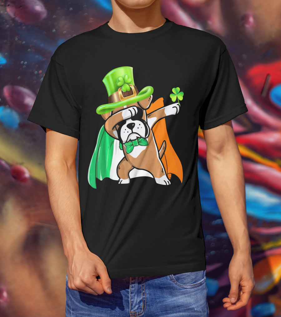 Lucky Boxer Dabbing With Irish Flag And Shamrock Hat T-Shirt