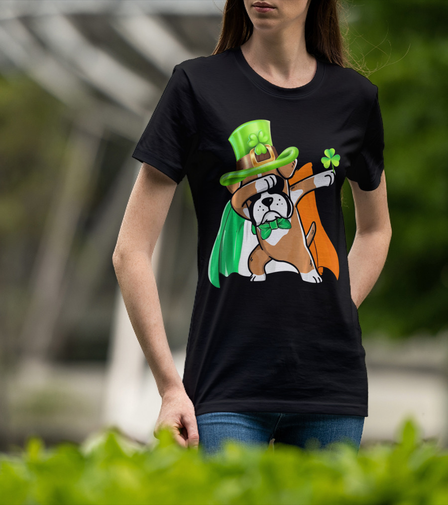 Lucky Boxer Dabbing With Irish Flag And Shamrock Hat T-Shirt