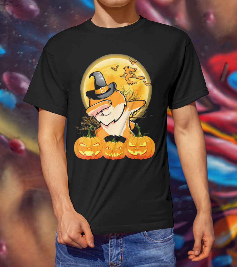 Dabbing Pomeranian Dog Halloween Pumpkin Witch Moon T-Shirt