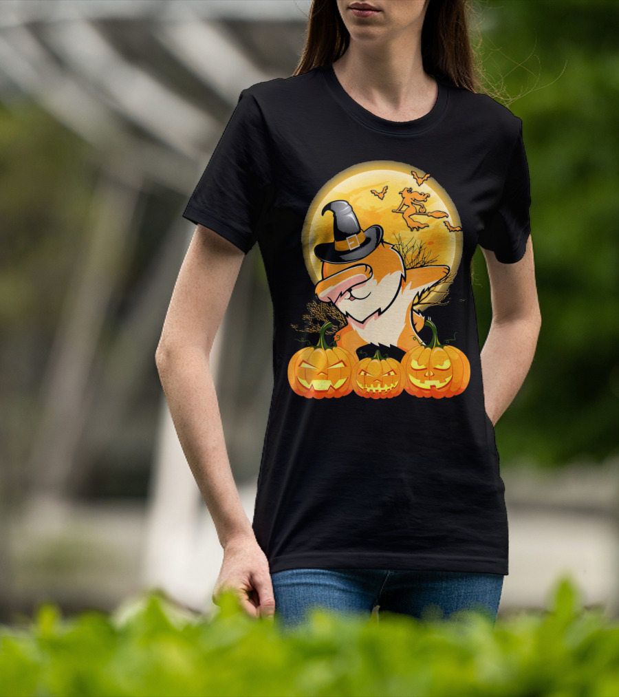 Dabbing Pomeranian Dog Halloween Pumpkin Witch Moon T-Shirt