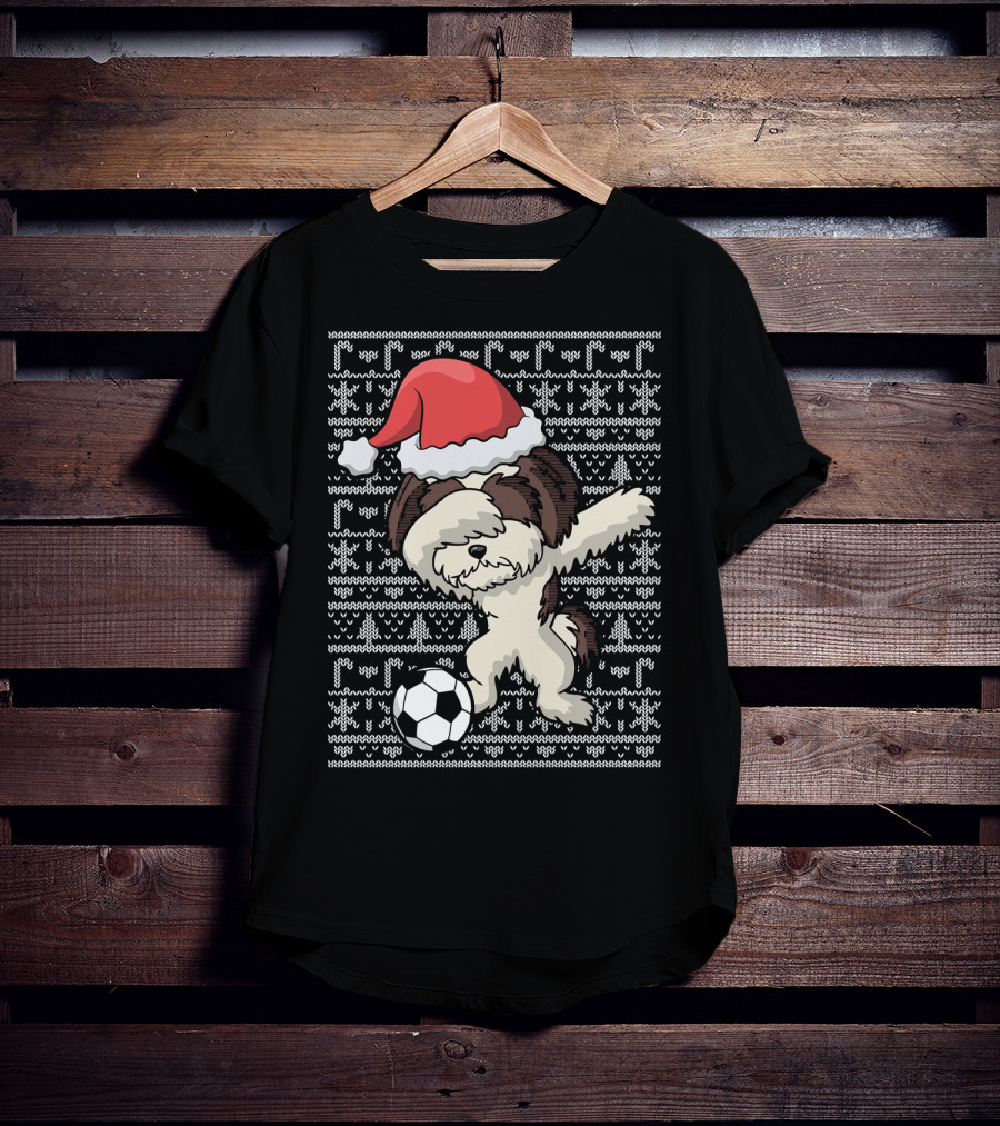 Santa Hat Dabbing Shih Tzu Soccer Ball Holiday Knit T-Shirt