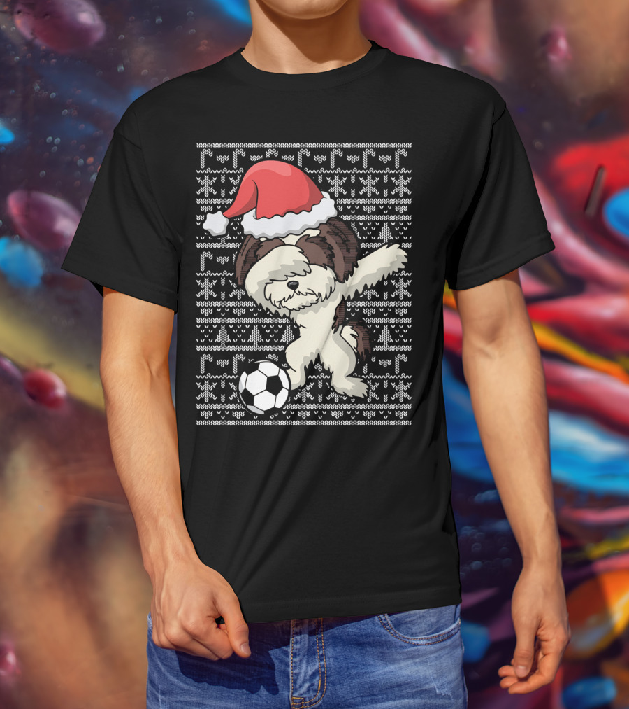 Santa Hat Dabbing Shih Tzu Soccer Ball Holiday Knit T-Shirt