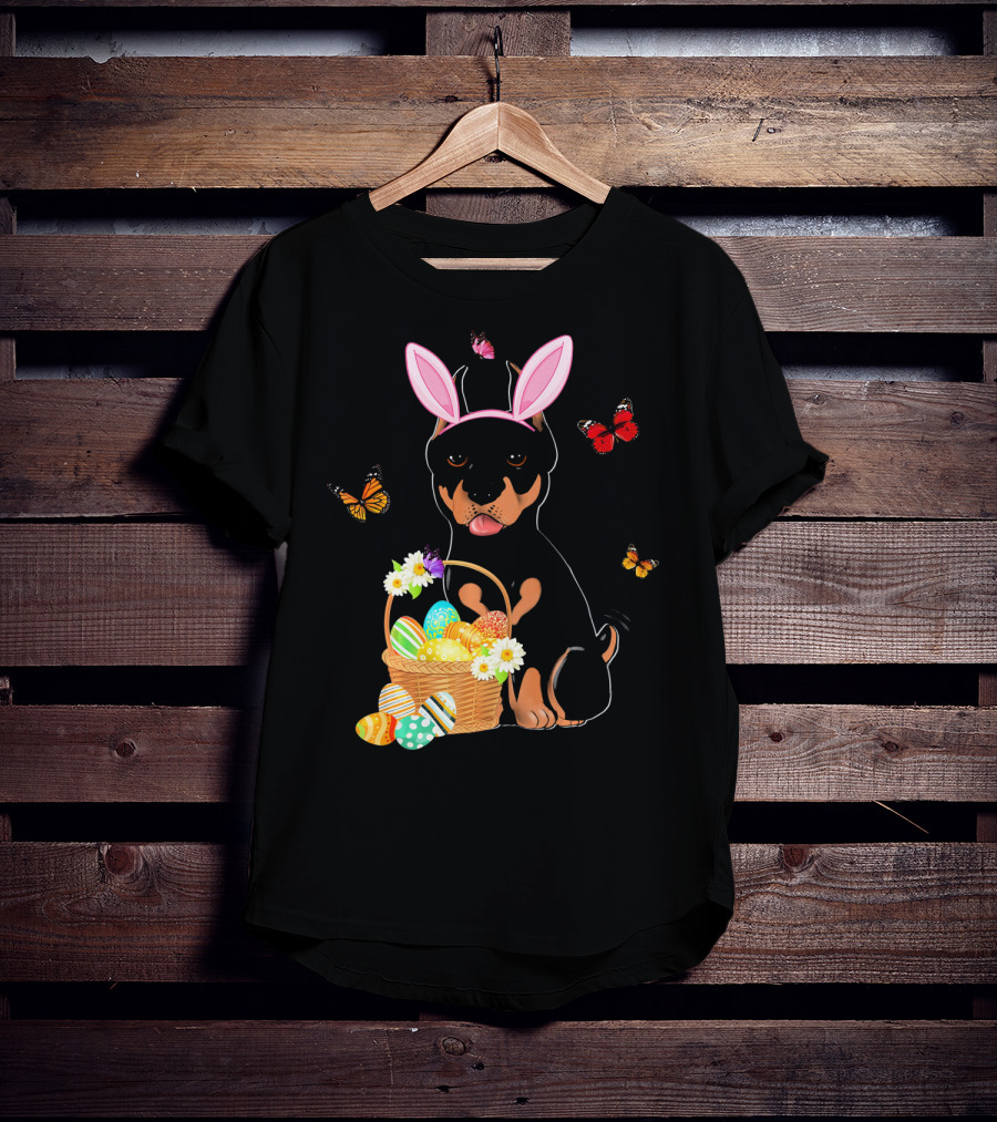 Doberman Bunny Hat Rabbit With Basket Of Easter Eggs And Butterflies T-Shirt