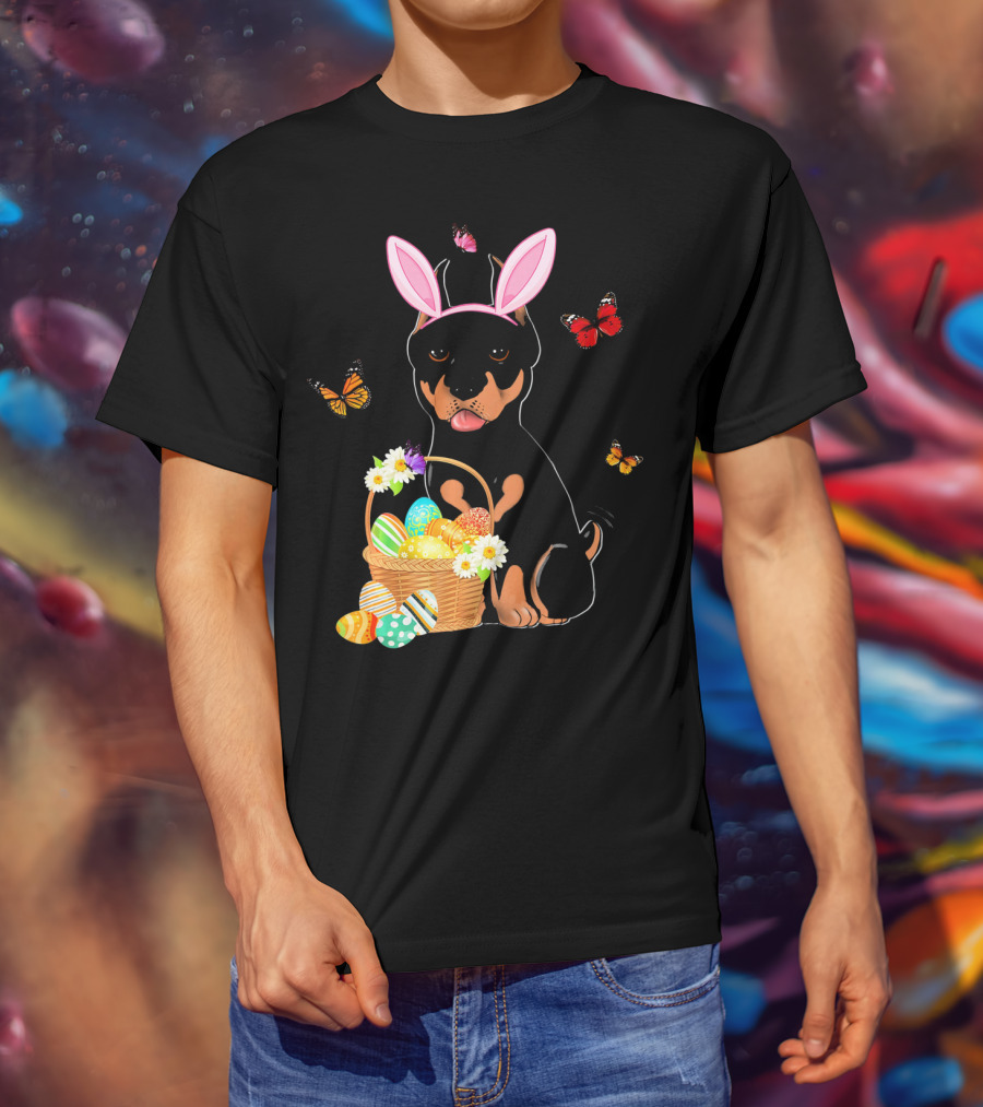 Doberman Bunny Hat Rabbit With Basket Of Easter Eggs And Butterflies T-Shirt