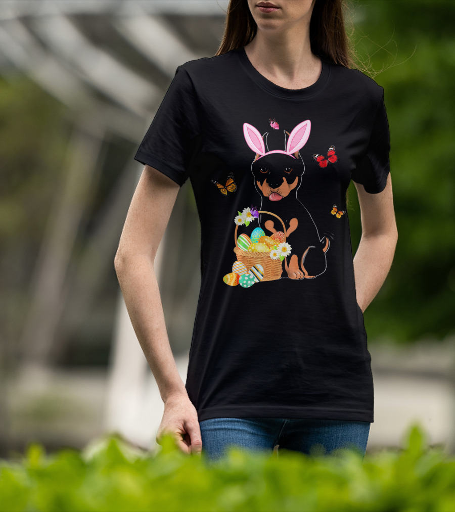 Doberman Bunny Hat Rabbit With Basket Of Easter Eggs And Butterflies T-Shirt