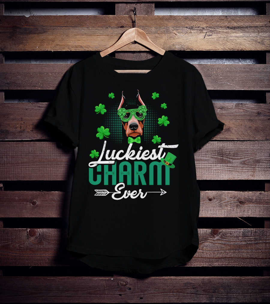 Luckiest Charm Ever Doberman Patrick's Day Shamrock Glasses T-Shirt