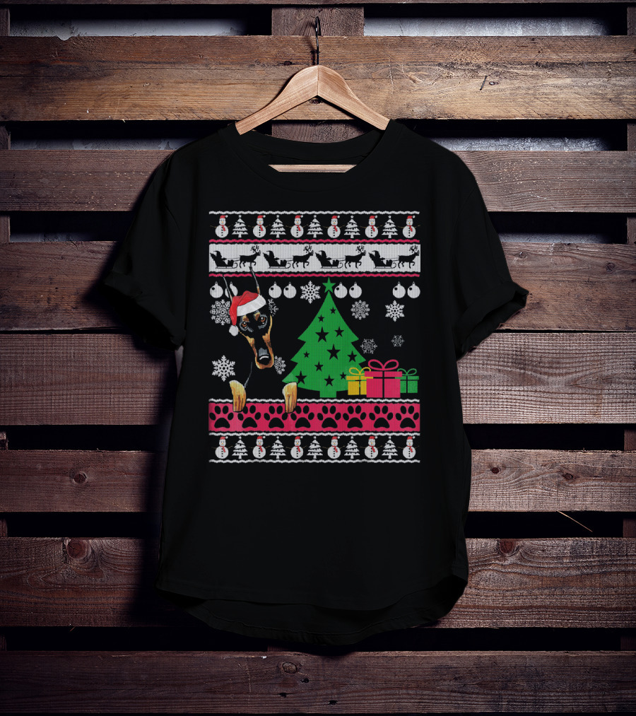 Doberman Christmas Sweater With Santa Hat And Festive Decorations T-Shirt