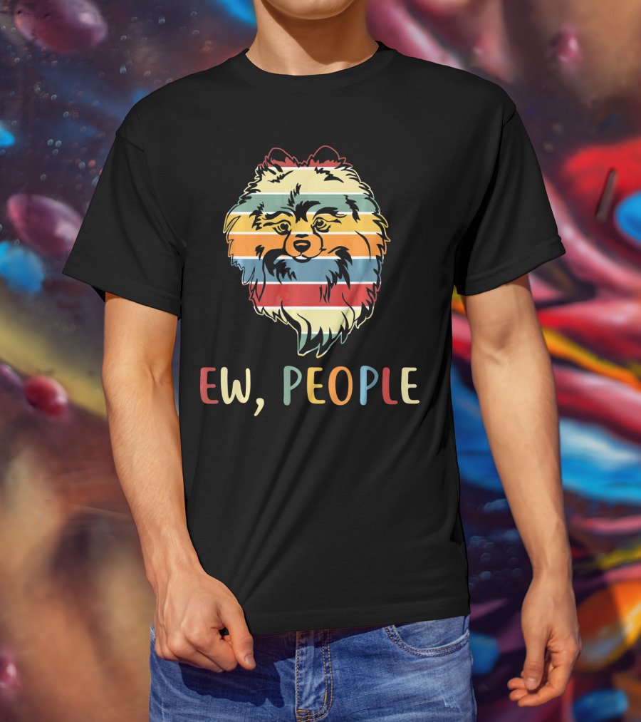 Ew People Funny Pomeranian With Retro Striped T-Shirt