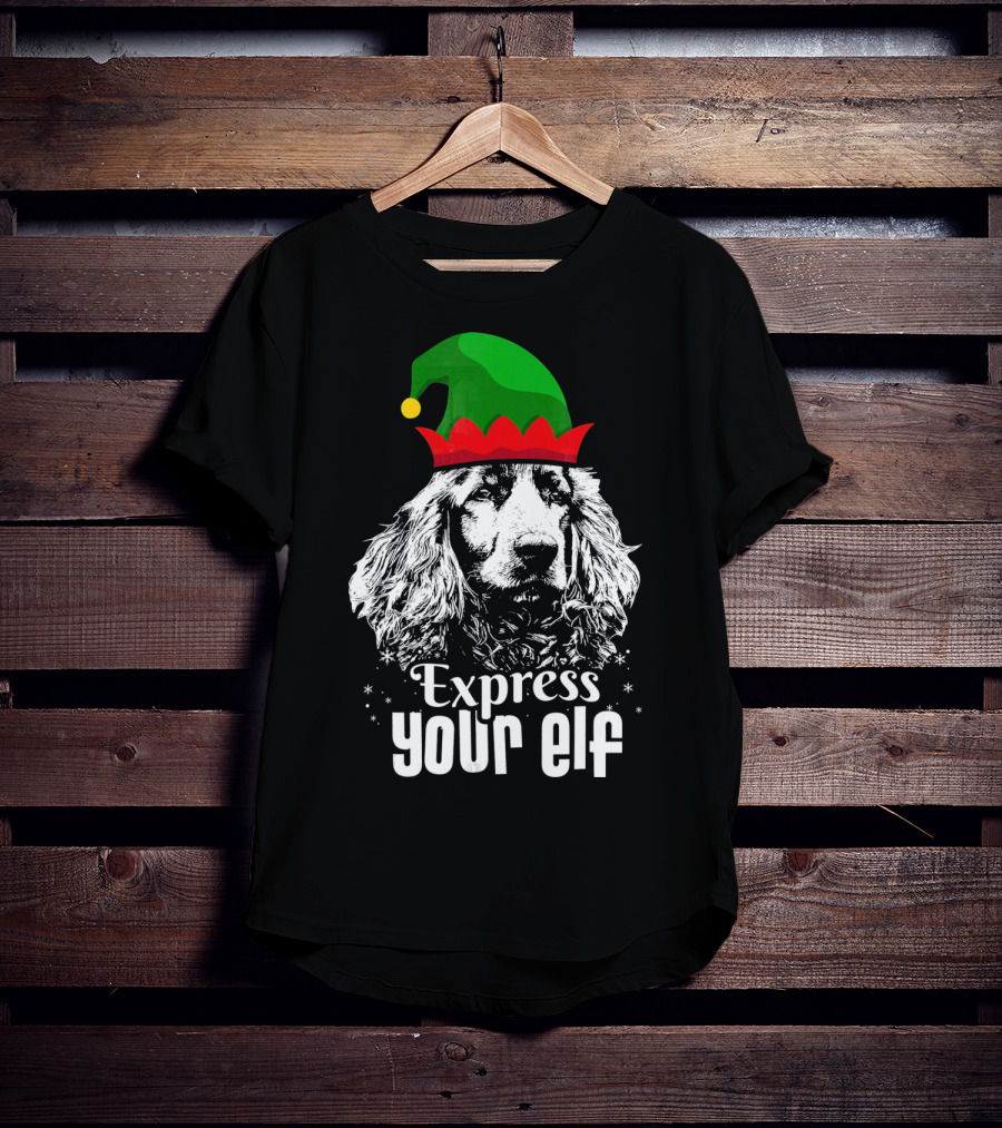 Express Your Elf English Cocker Spaniel Christmas Dog Wearing Green And Red Elf Hat T-Shirt