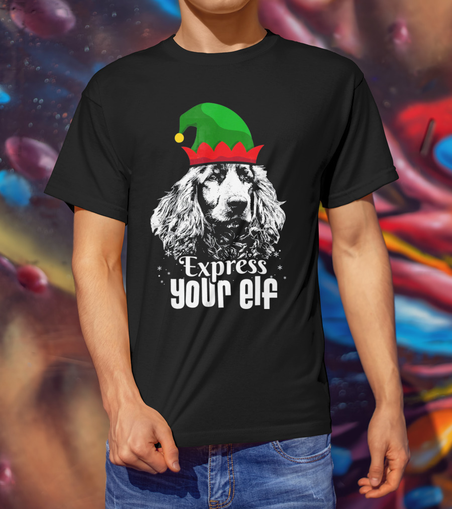 Express Your Elf English Cocker Spaniel Christmas Dog Wearing Green And Red Elf Hat T-Shirt