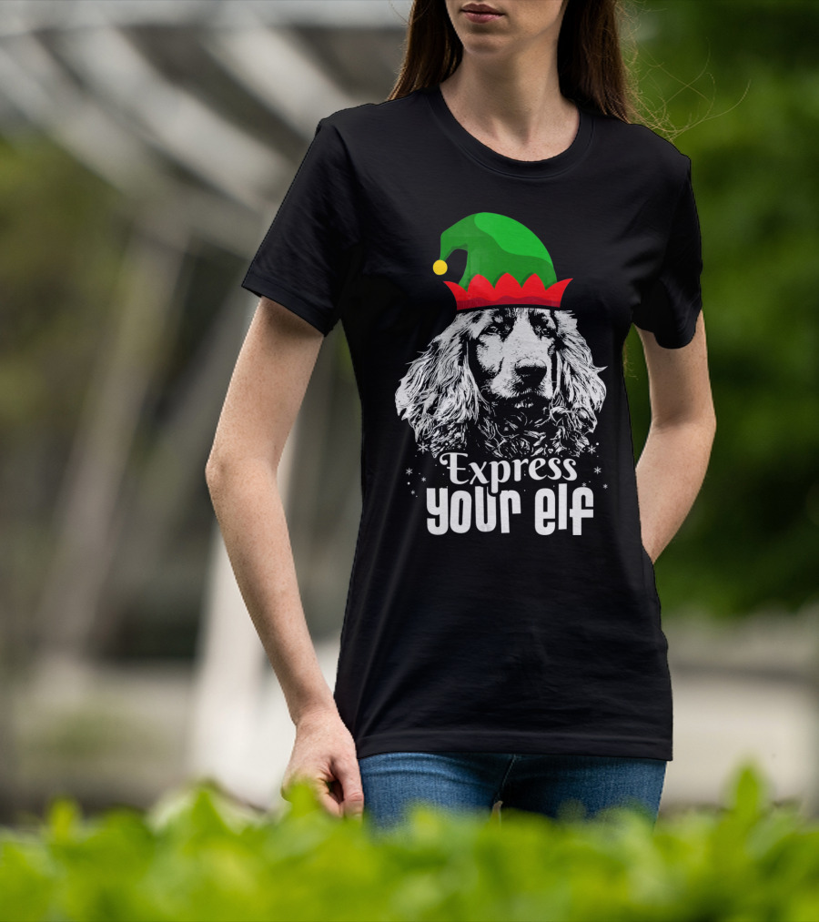 Express Your Elf English Cocker Spaniel Christmas Dog Wearing Green And Red Elf Hat T-Shirt