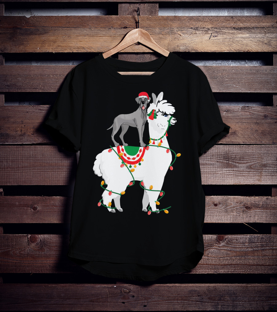 Fa La LLAMA Great Dane With Santa Hat On Llama Christmas Lights T-Shirt