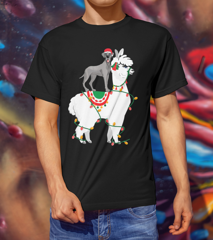Fa La LLAMA Great Dane With Santa Hat On Llama Christmas Lights T-Shirt