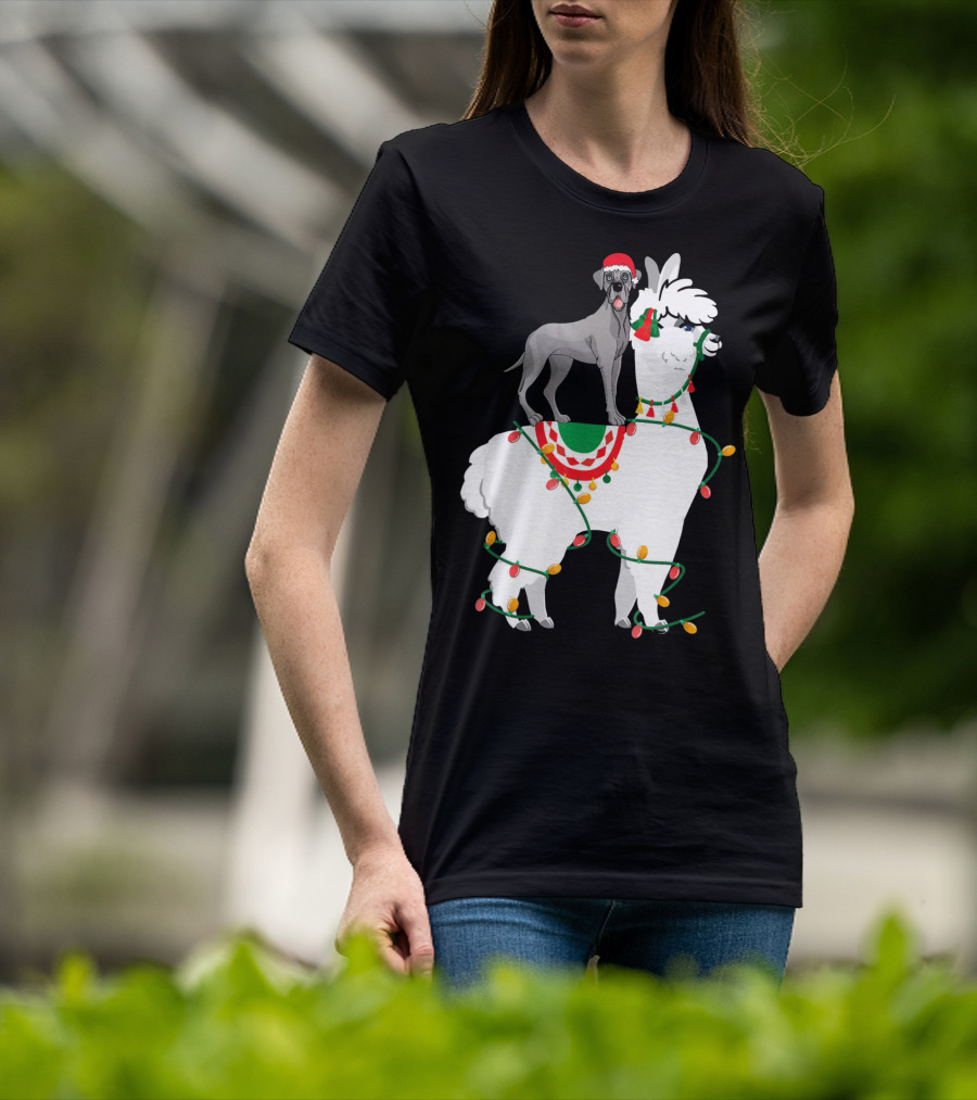 Fa La LLAMA Great Dane With Santa Hat On Llama Christmas Lights T-Shirt
