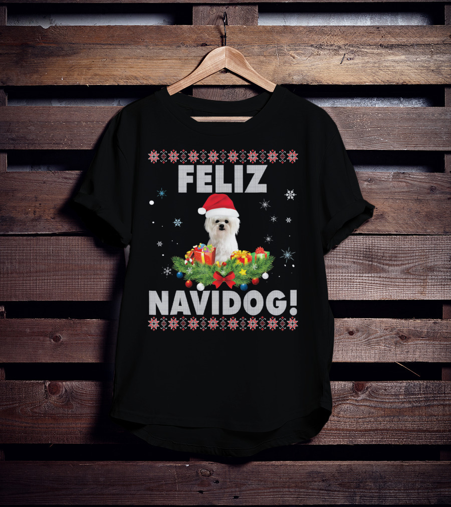 Feliz Navidog Maltese Dog Christmas Santa Hat Holiday Festive T-Shirt