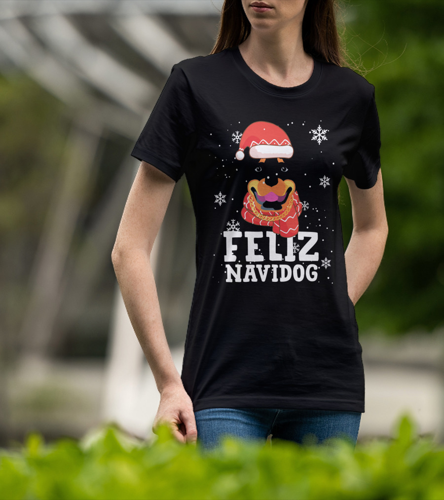 Feliz Navidog Rottweiler Christmas Santa Hat Snowflakes Ugly Sweaters T-Shirt
