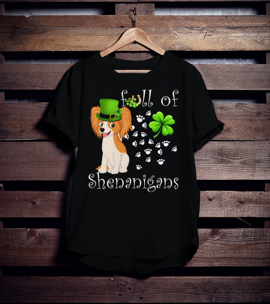 Full Of Shenanigans Papillon Dog Irish Clover Paws T-Shirt