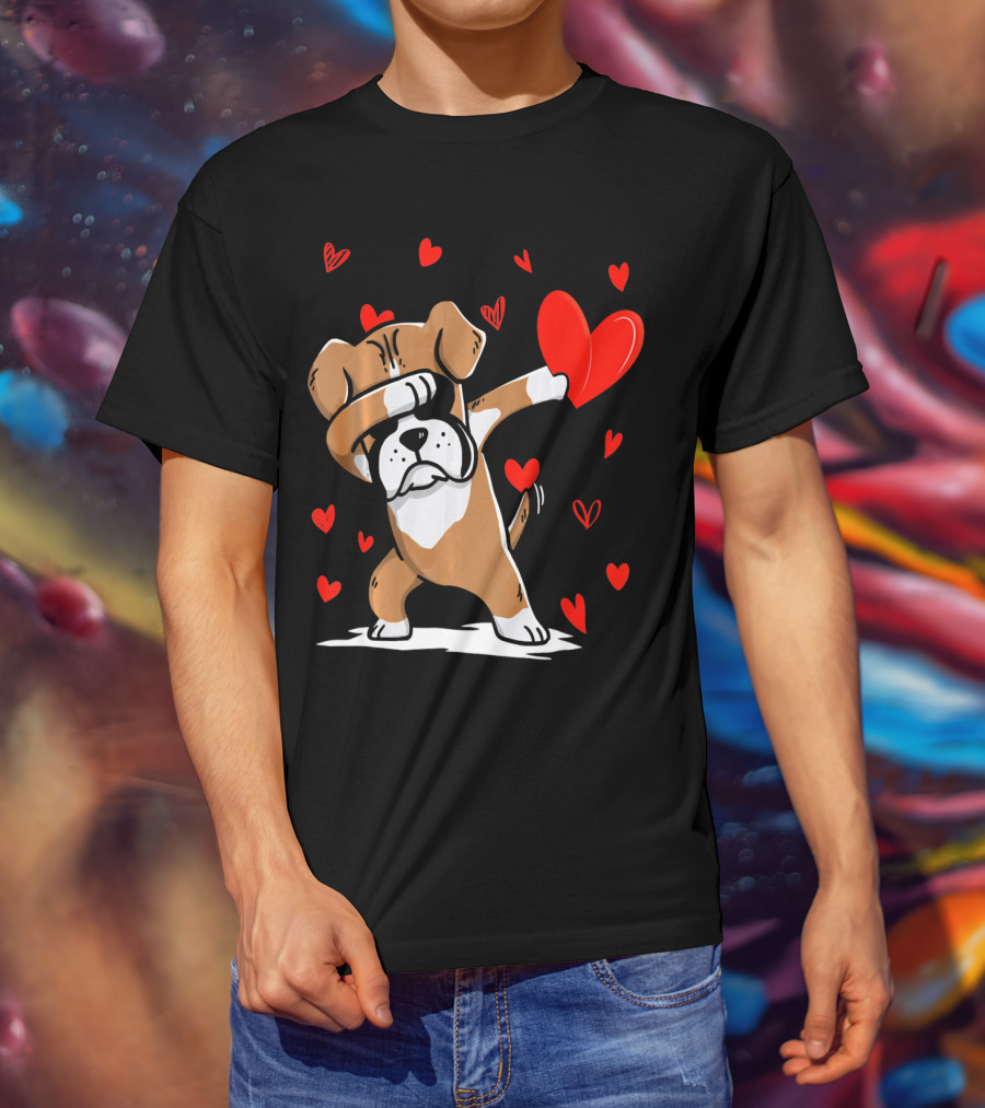 Dabbing Boxer Dog Holding Heart With Valentines Day T-Shirt