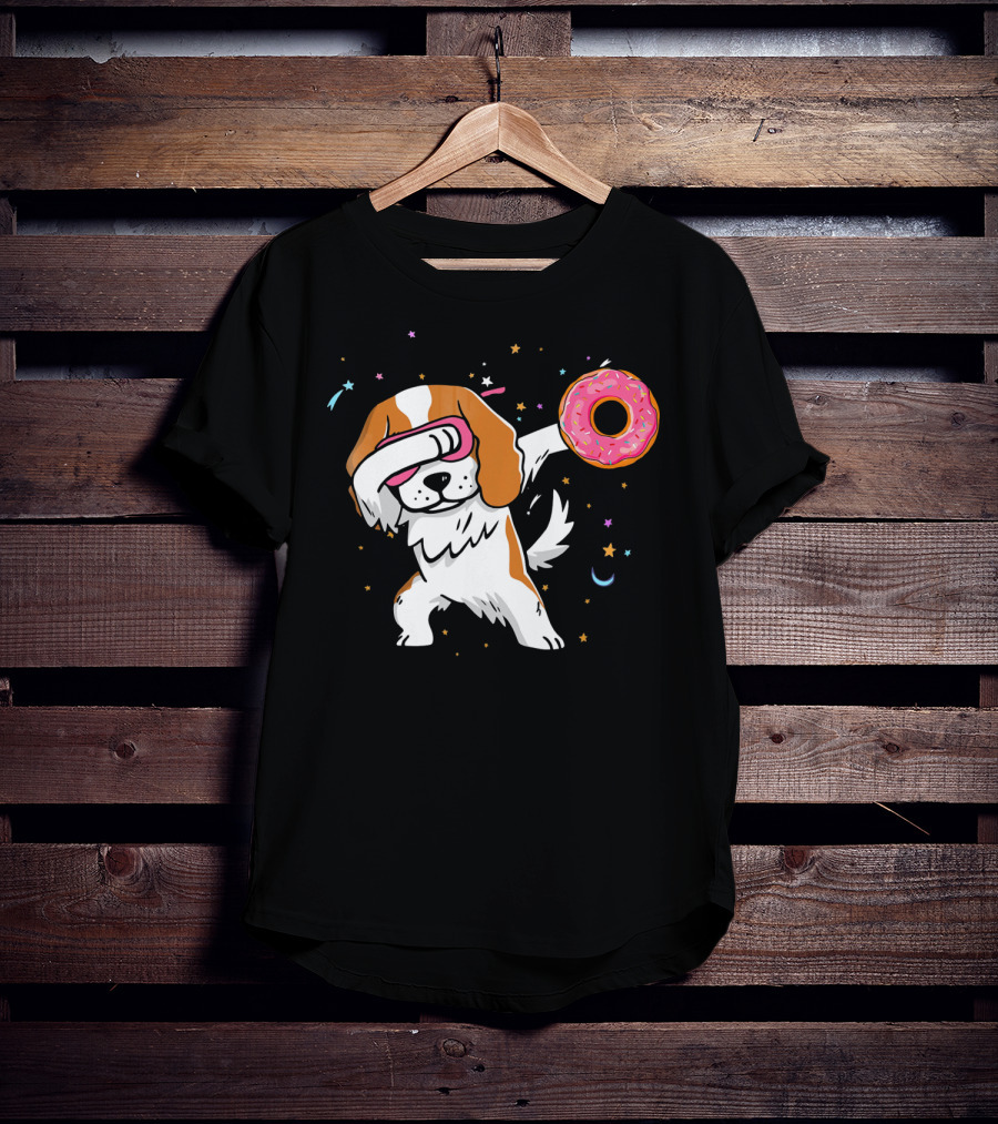 Funny Dabbing Cavalier King Charles Spaniel With Pink Frosted Donut T-Shirt