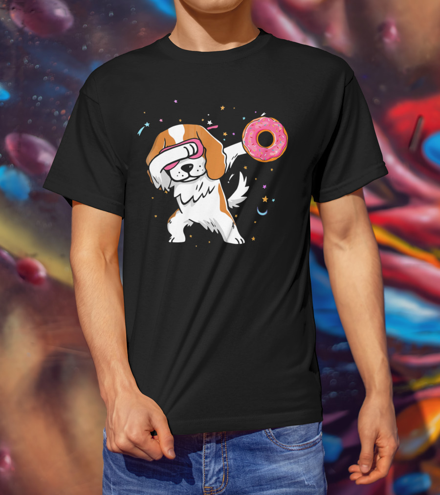 Funny Dabbing Cavalier King Charles Spaniel With Pink Frosted Donut T-Shirt