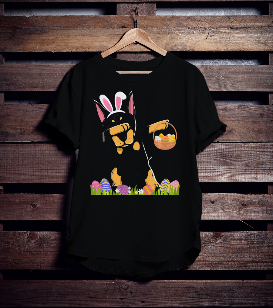 Doberman Dabbing With Bunny Ears And Easter Basket Of Eggs T-Shirt