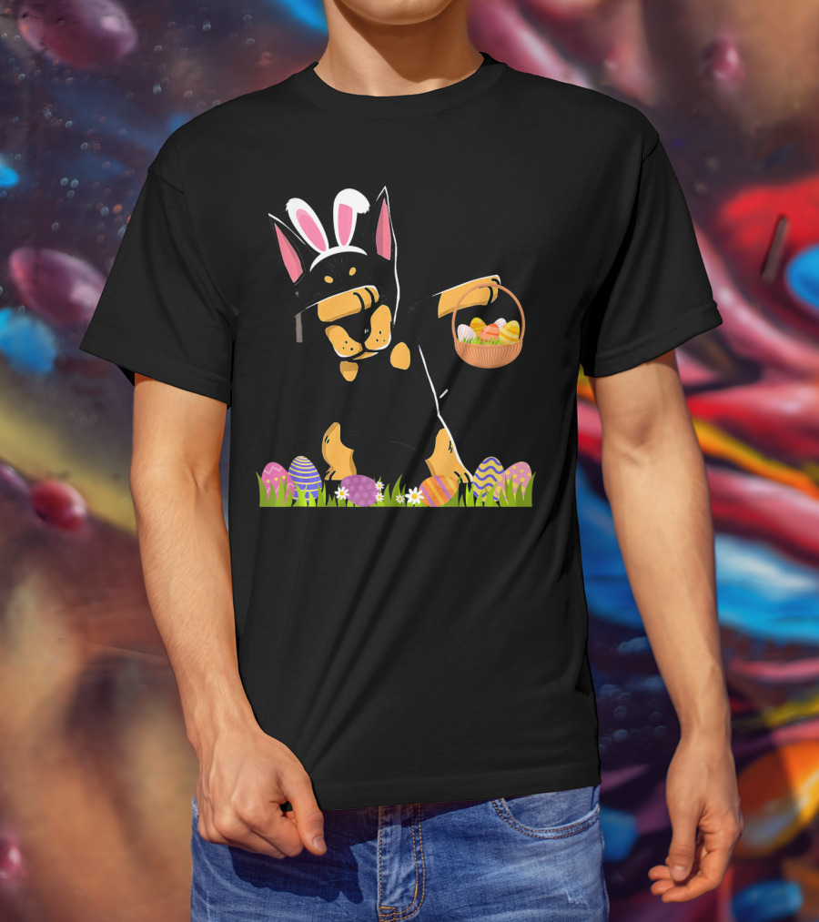 Doberman Dabbing With Bunny Ears And Easter Basket Of Eggs T-Shirt