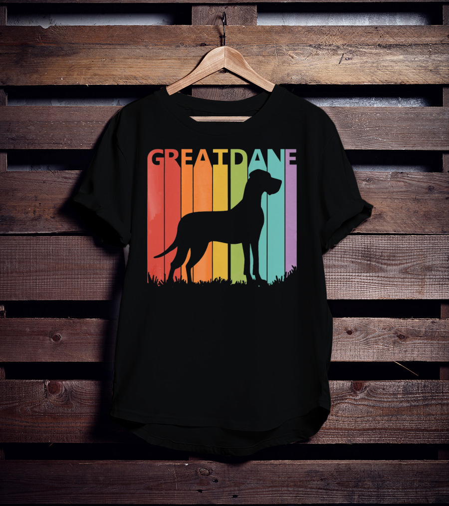 Great Dane Dog Silhouette Retro Rainbow Stripes T-Shirt