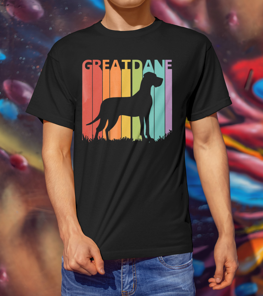 Great Dane Dog Silhouette Retro Rainbow Stripes T-Shirt