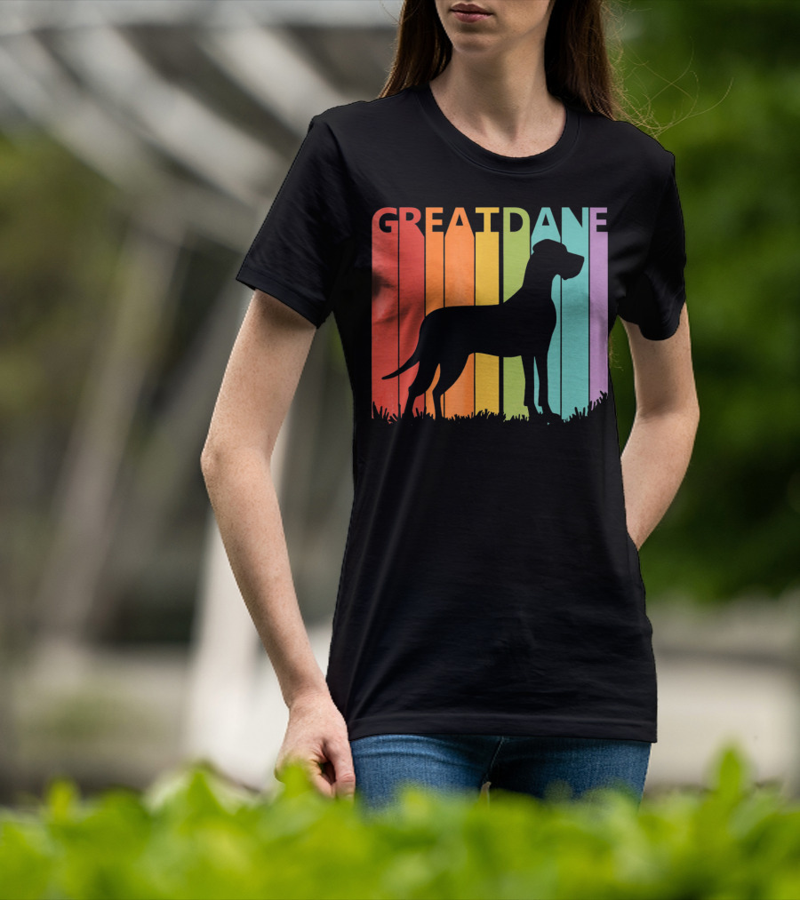 Great Dane Dog Silhouette Retro Rainbow Stripes T-Shirt