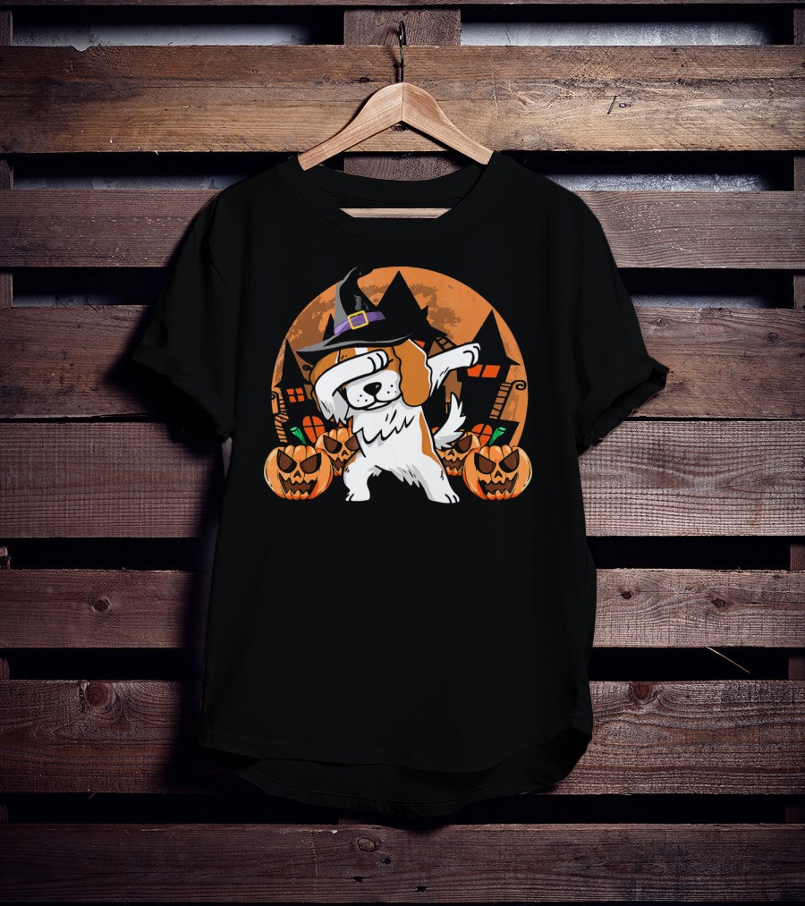 Funny Halloween Dabbing Cavalier Witch Hat Pumpkins Haunted House T-Shirt
