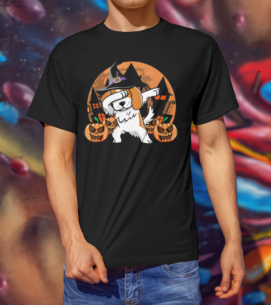 Funny Halloween Dabbing Cavalier Witch Hat Pumpkins Haunted House T-Shirt