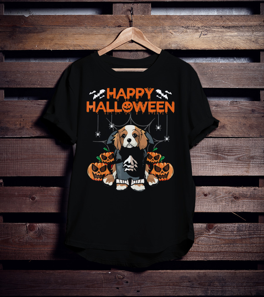 Happy Halloween Vampire Cavalier Dog Surrounded By Pumpkins And Bats T-Shirt