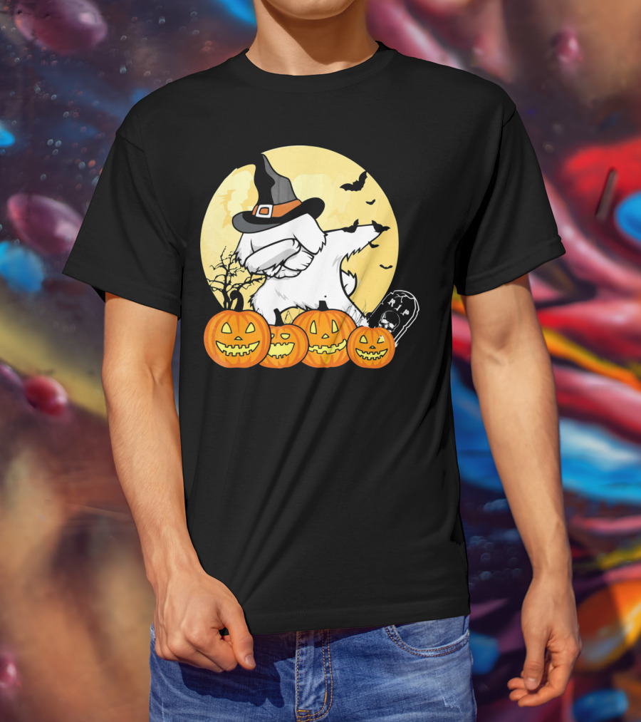Funny Halloween Maltese Dog With Pumpkins And Witch Hat T-Shirt