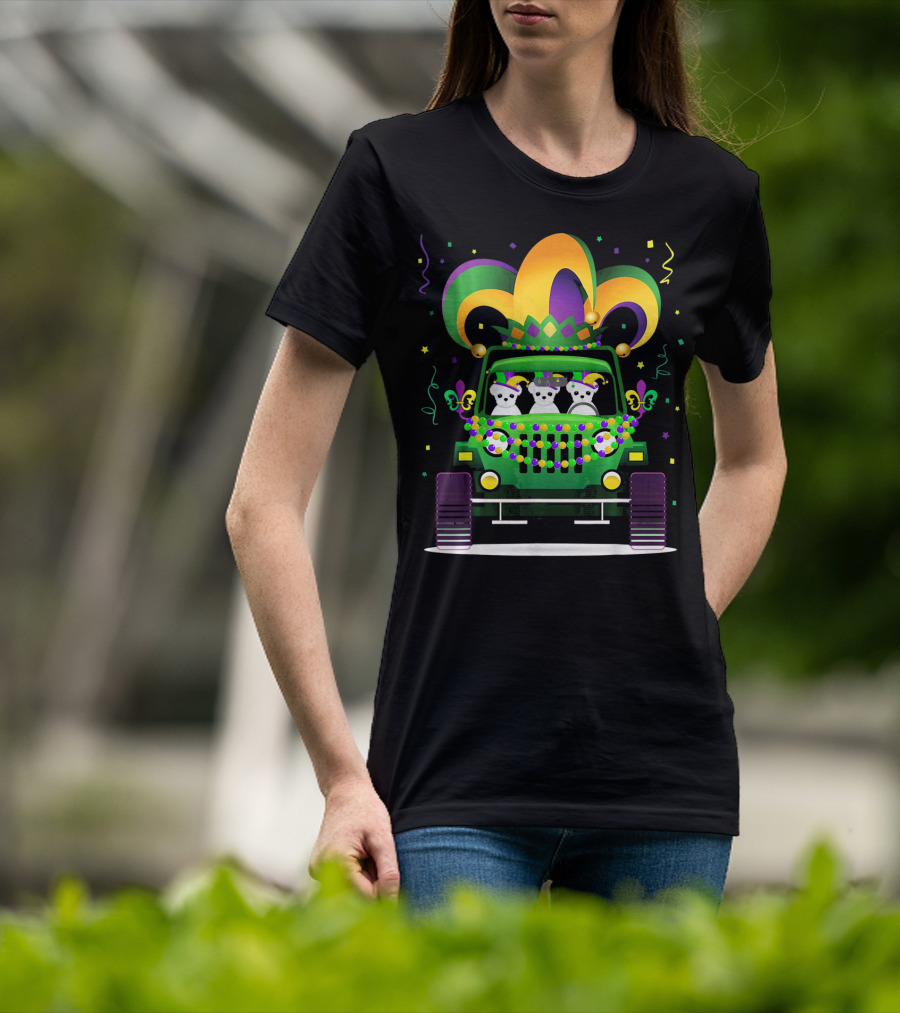 Mardi Gras Maltese Dogs Riding Jeep With Colorful Hat And Beads T-Shirt