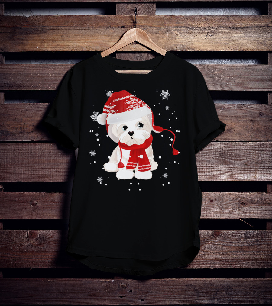 Funny Maltese Santa Hat Scarf Ugly Snowflakes T-Shirt
