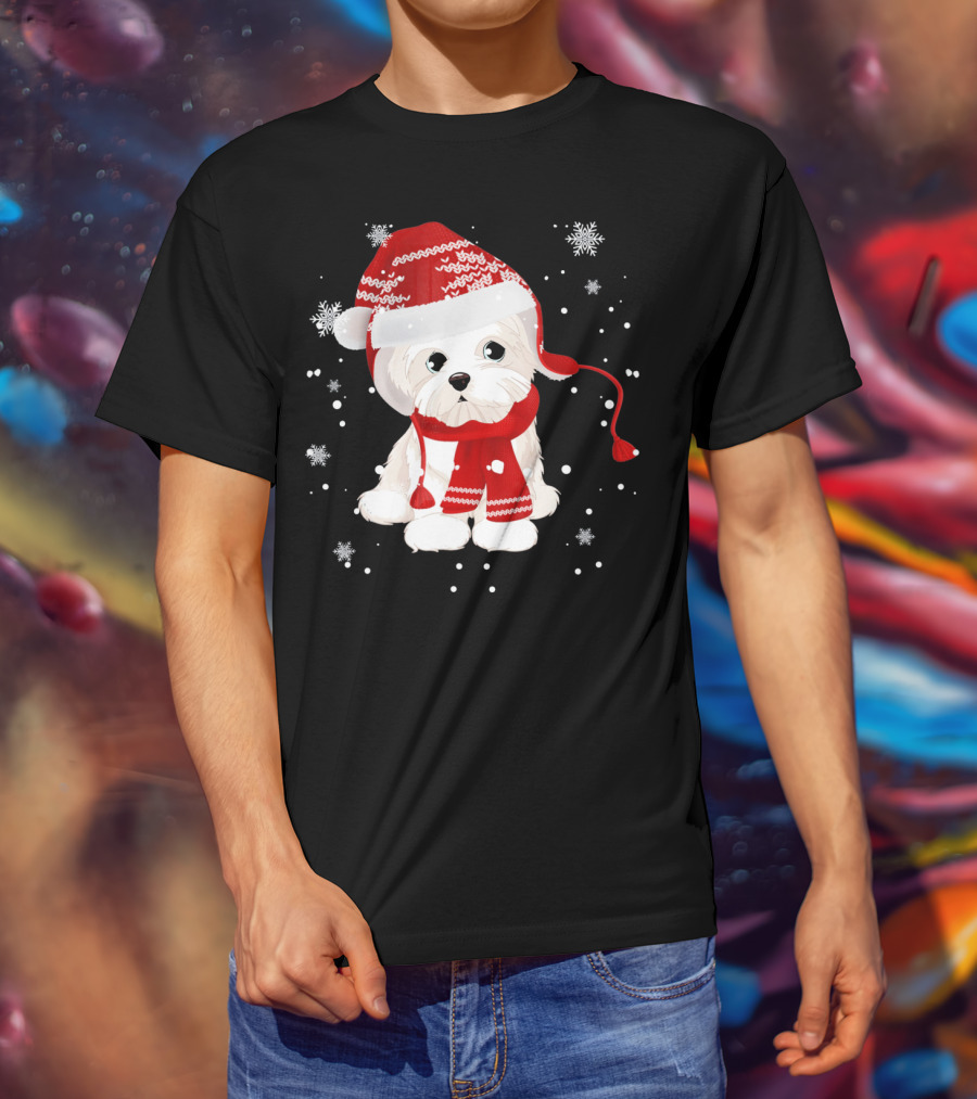 Funny Maltese Santa Hat Scarf Ugly Snowflakes T-Shirt
