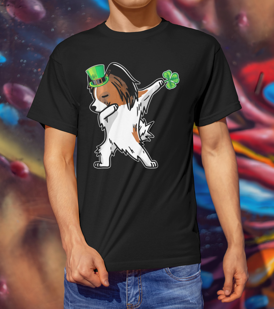 Papillon Dab Dabbing Dance With Shamrock And Leprechaun Hat T-Shirt