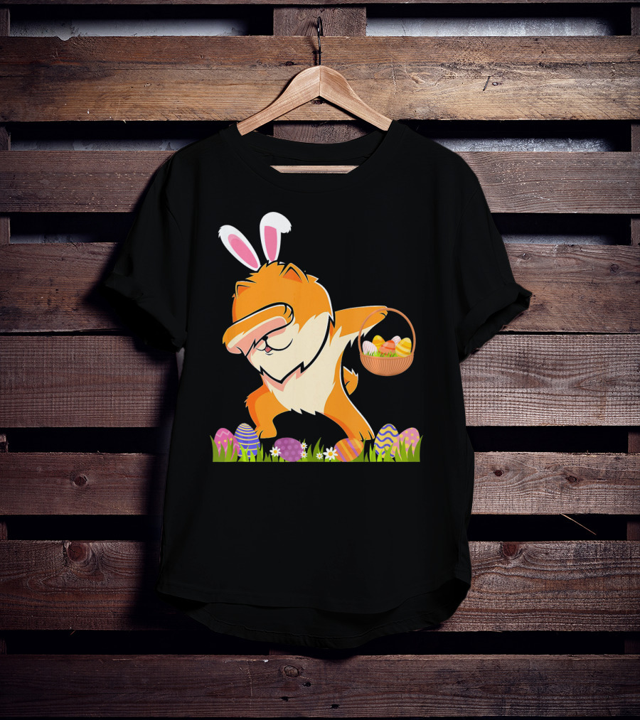 Funny Pomeranian Dabbing Easter Bunny With Eggs And Basket T-Shirt