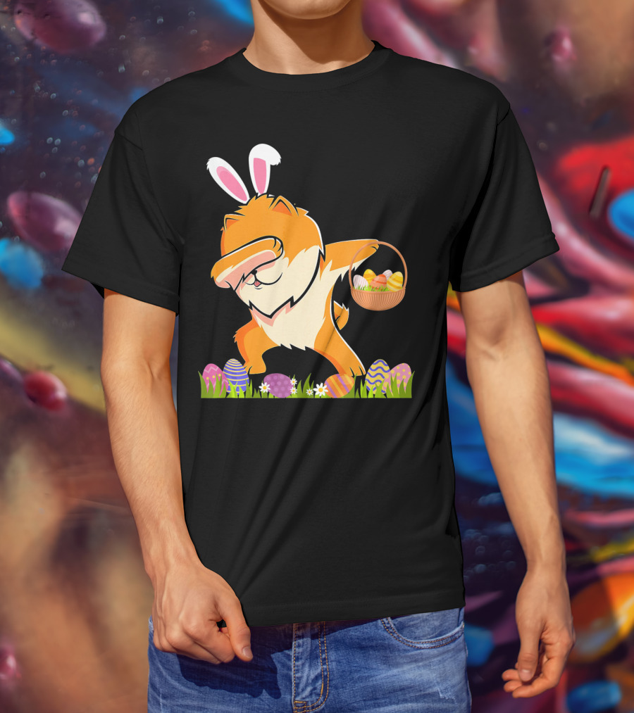 Funny Pomeranian Dabbing Easter Bunny With Eggs And Basket T-Shirt