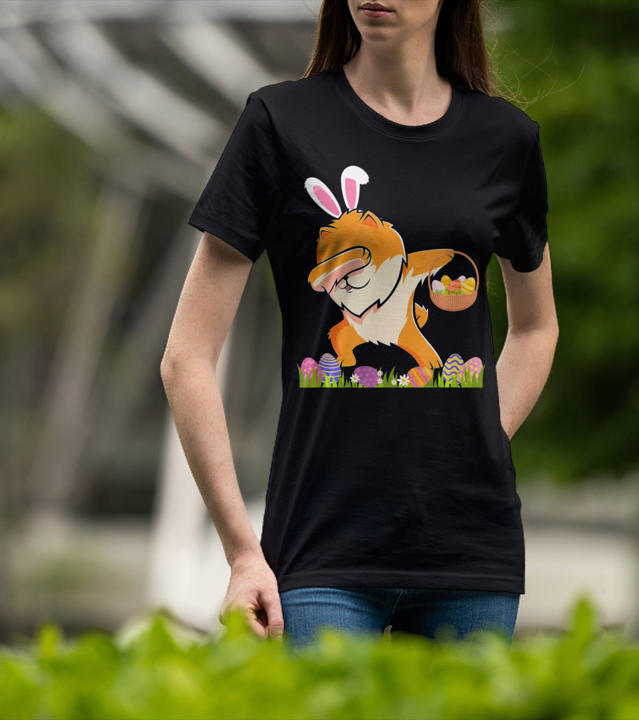 Funny Pomeranian Dabbing Easter Bunny With Eggs And Basket T-Shirt