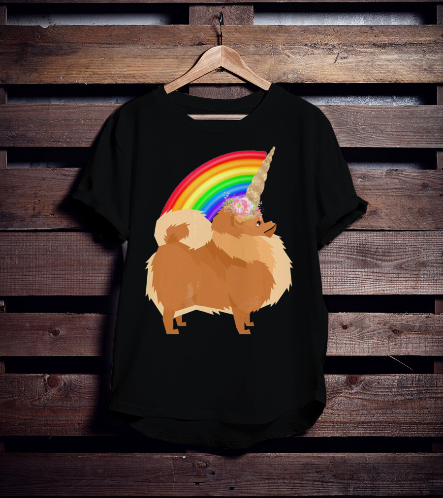 Pomeranian Rainbow Unicorn Dog With Floral Horn And Doodle Elements T-Shirt