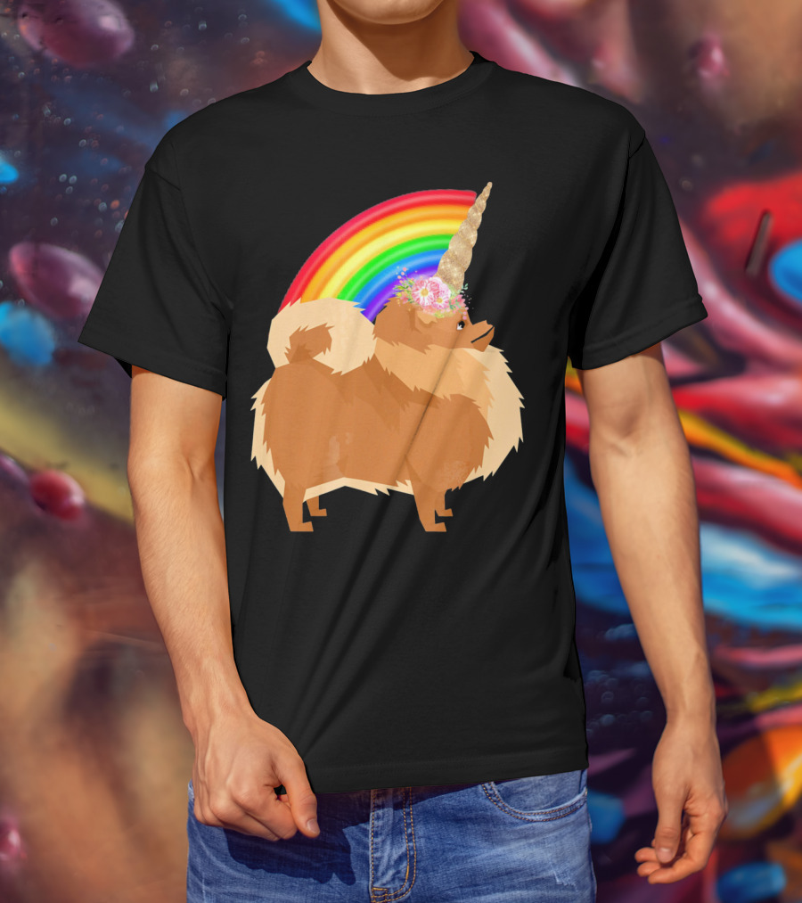 Pomeranian Rainbow Unicorn Dog With Floral Horn And Doodle Elements T-Shirt