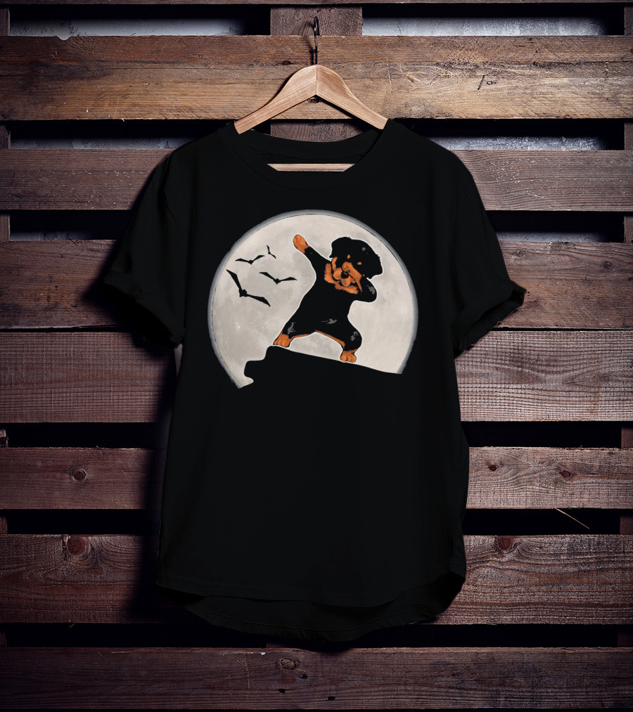 Funny Rottweiler Dabbing Dog Halloween Costume With Moon And Bats T-Shirt