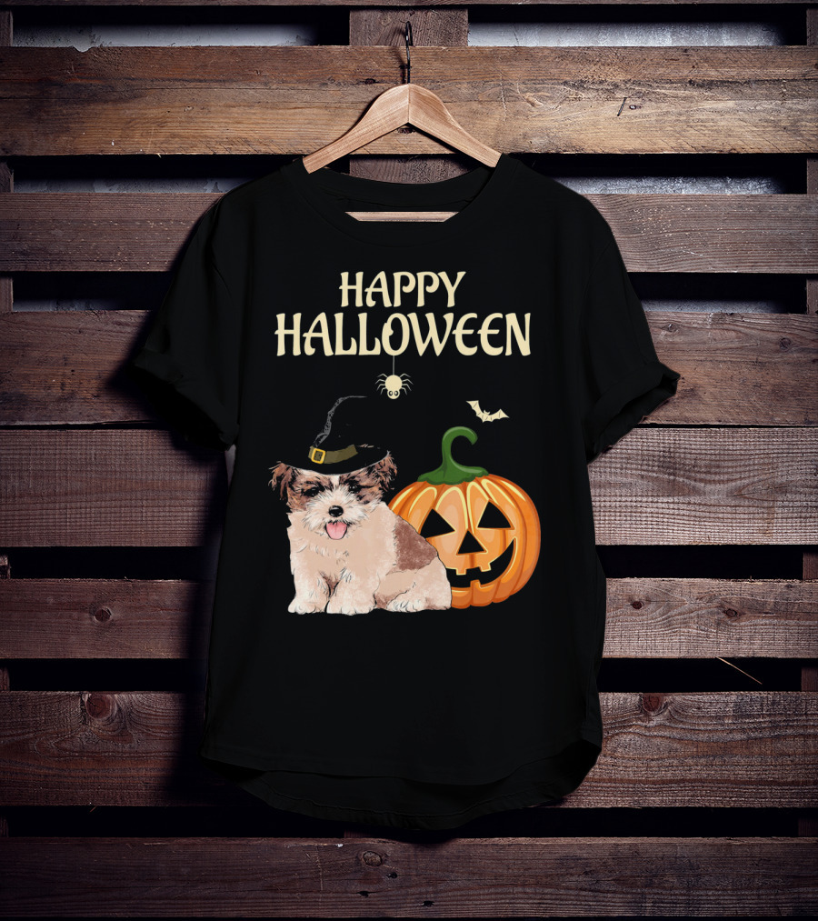 Happy Halloween Shih Tzu With Pumpkin And Witch Hat T-Shirt