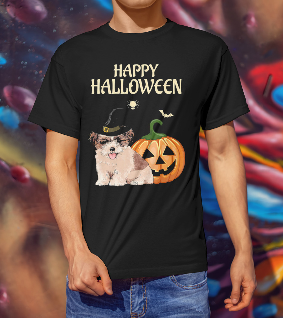 Happy Halloween Shih Tzu With Pumpkin And Witch Hat T-Shirt