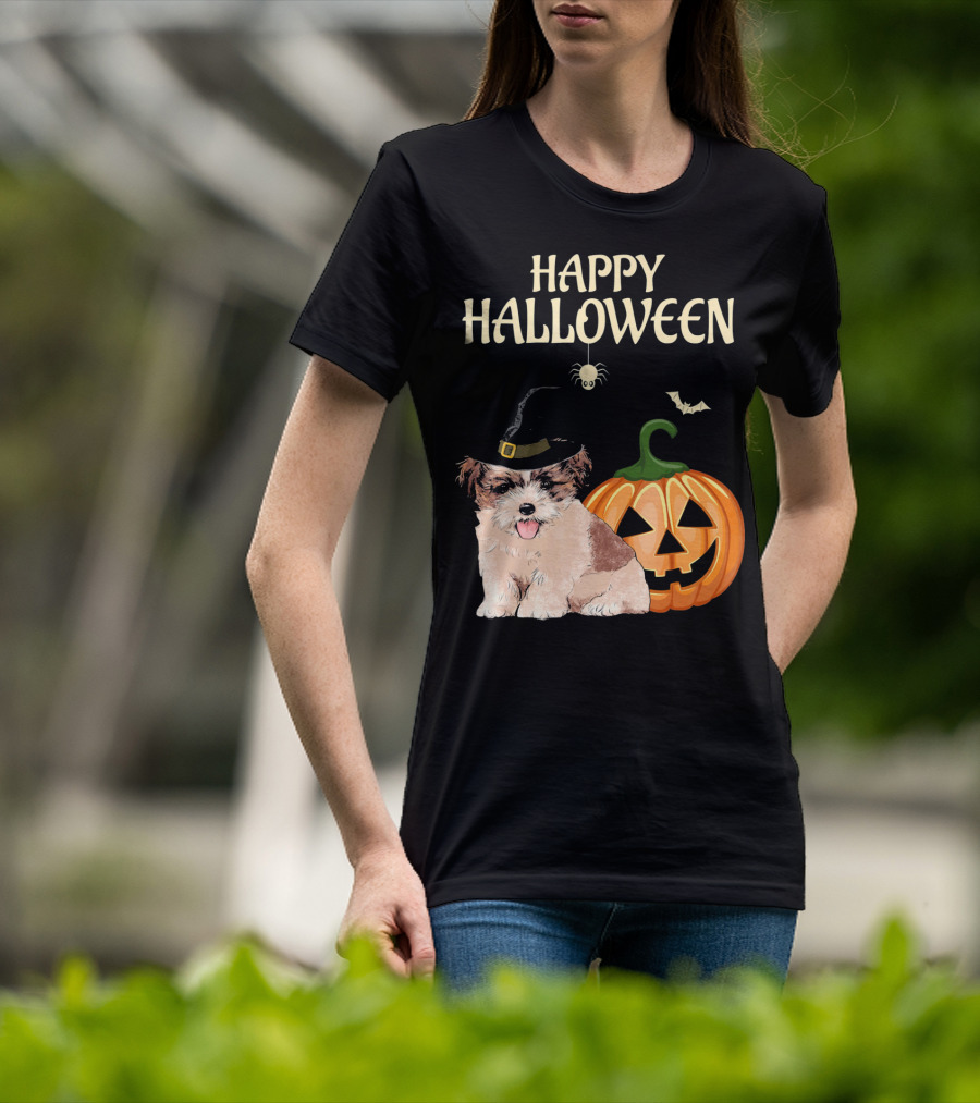 Happy Halloween Shih Tzu With Pumpkin And Witch Hat T-Shirt