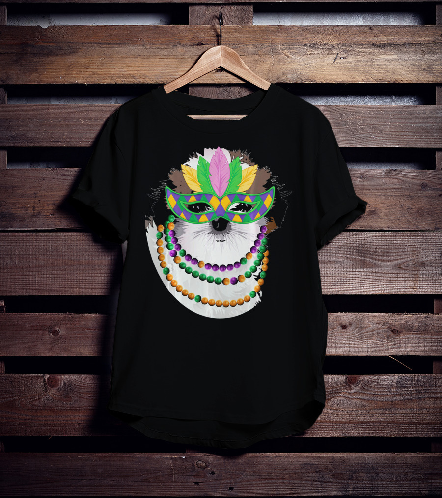 Funny Shih Tzu Mardi Gras Beads Necklace Mask With Colorful Feathered Mask T-Shirt