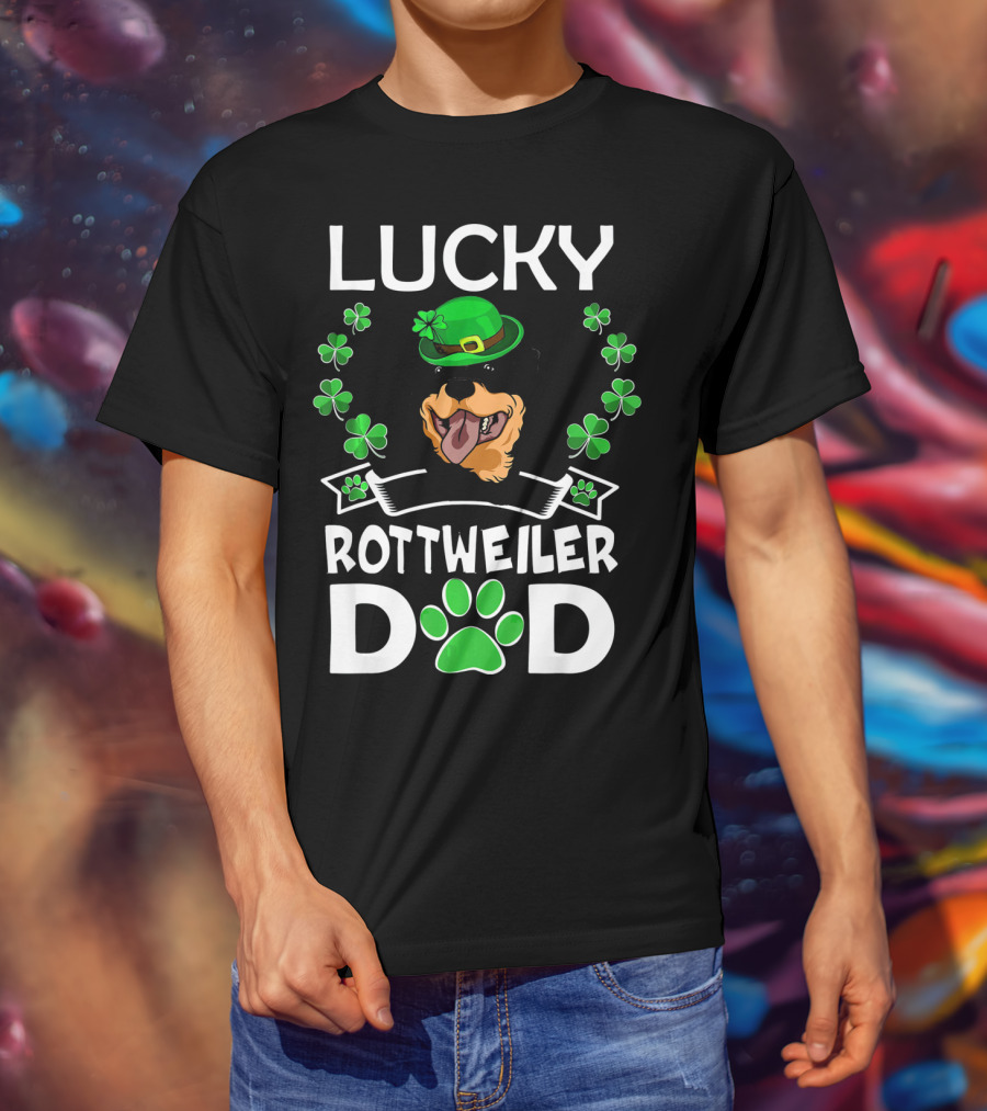 Lucky Rottweiler Dad St Patricks Day Shamrocks And Green Hat T-Shirt